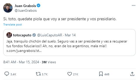 La dura respuesta de Luis Caputo hacia el dirigente social. Gentileza: X @JuanGrabois.