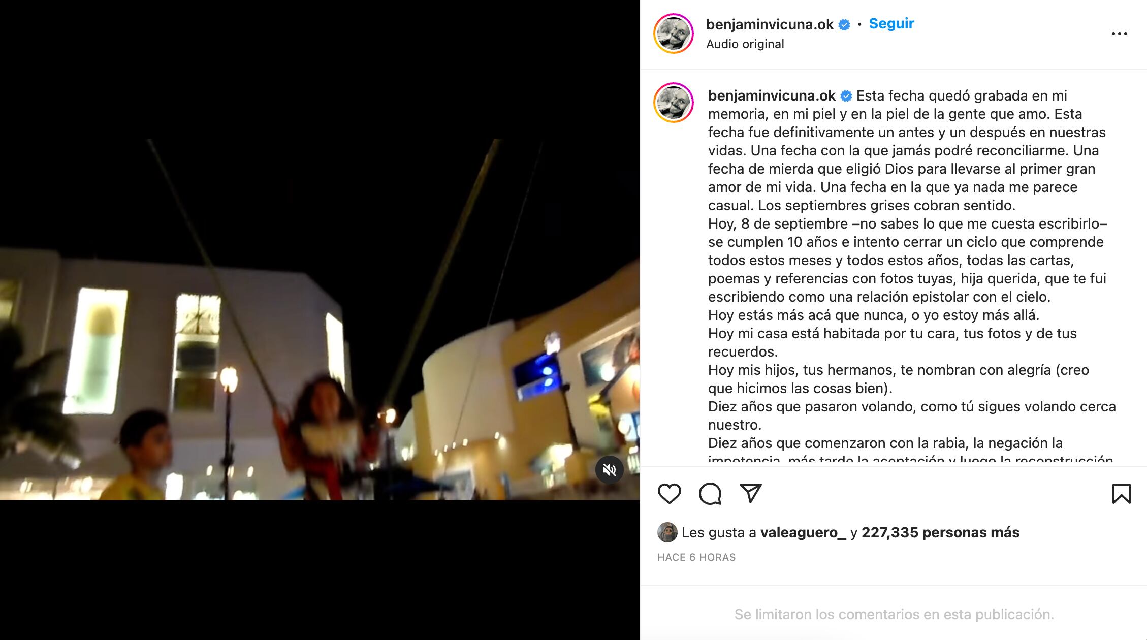 La publicación en la que Benjamín Vicuña plasmó la carta a su hija Blanca.