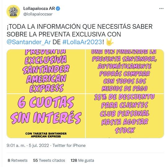 Preventa exclusiva Santander Amex para el Lolla 2023 (Twitter @lollapaloozaar)