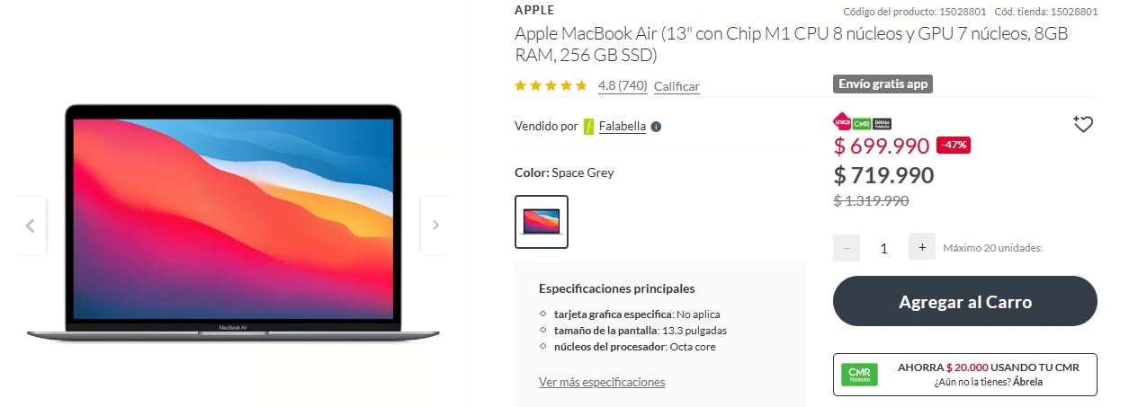 El modelo de MacBook Air se encuentra disponible en la tienda oficial de Falabella a $699.990 chilenos, con un descuento del 47%.