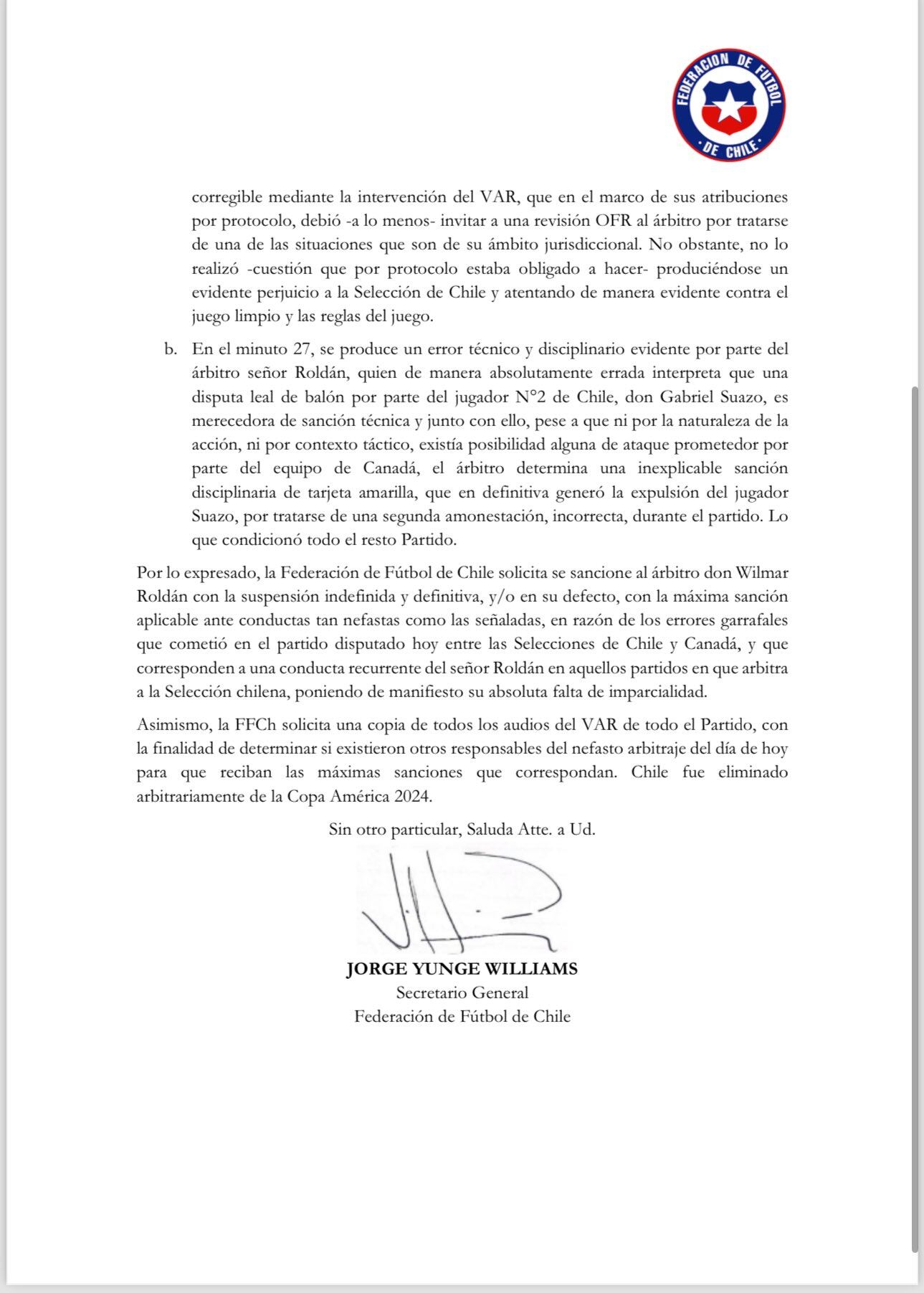 Chile presentó una queja formal ante Conmebol por decisiones arbitrales durante Copa América 2024.