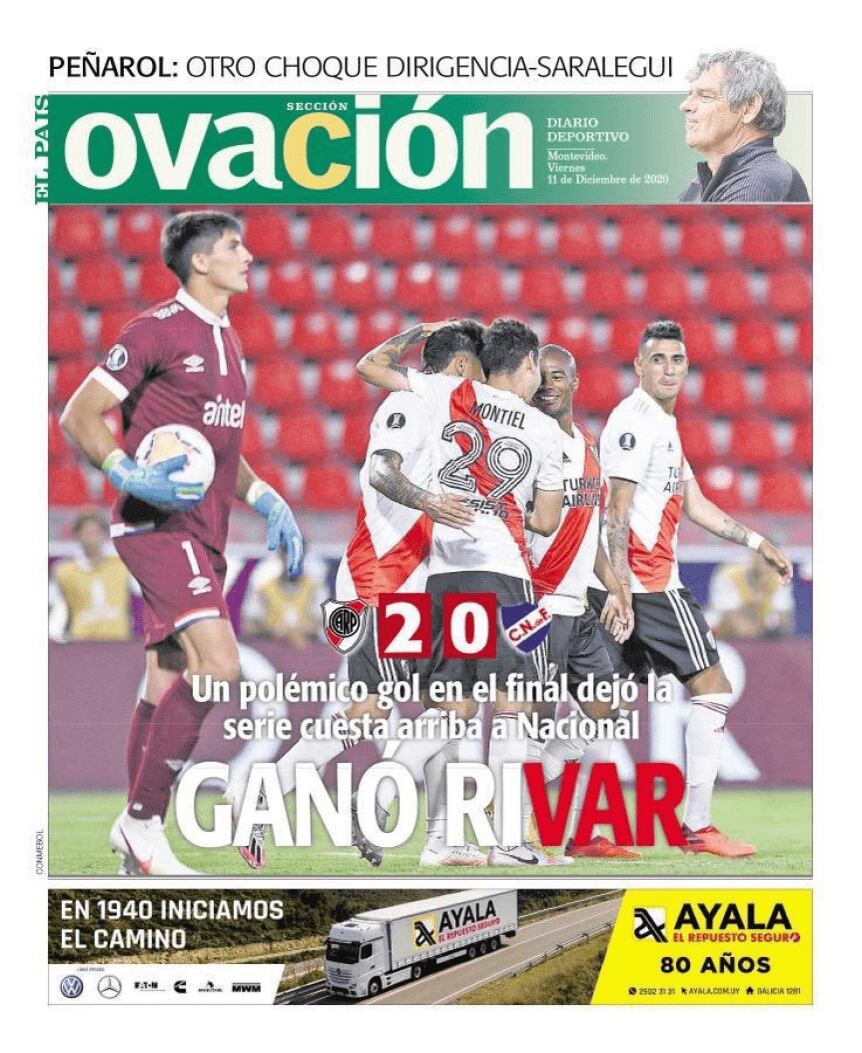 La tapa del diario uruguayo "Ovación", sobre el triunfo de River sobre Nacional. / Gentileza