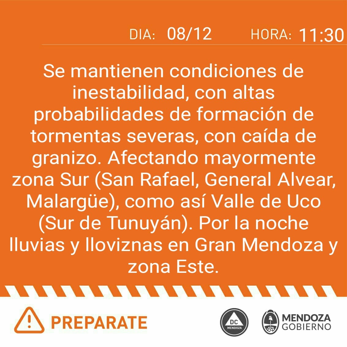 El Servicio Meteorológico Nacional emitió dos alertas por tormentas severas con caída de granizo en zona sur. Y otra para el Centro - Norte.