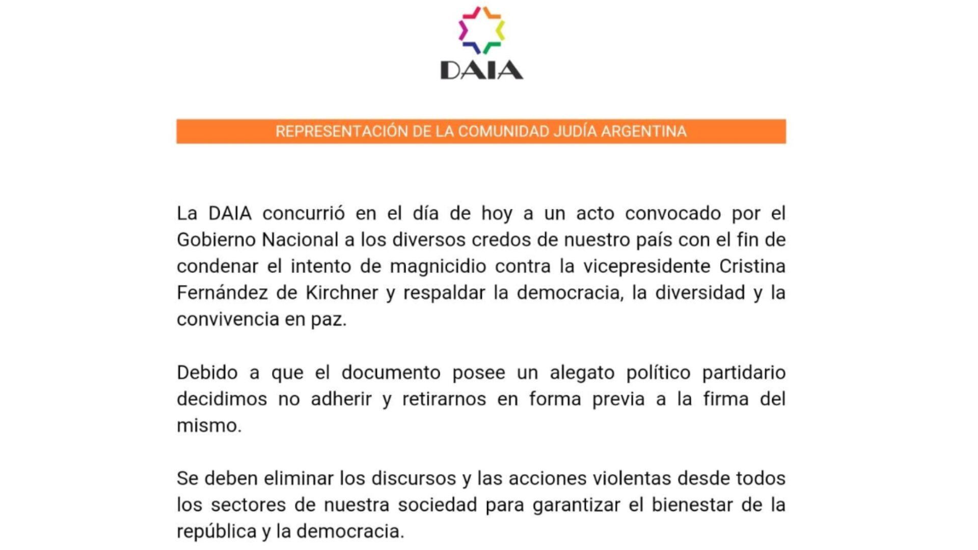 Comunicado completo de la DAIA.