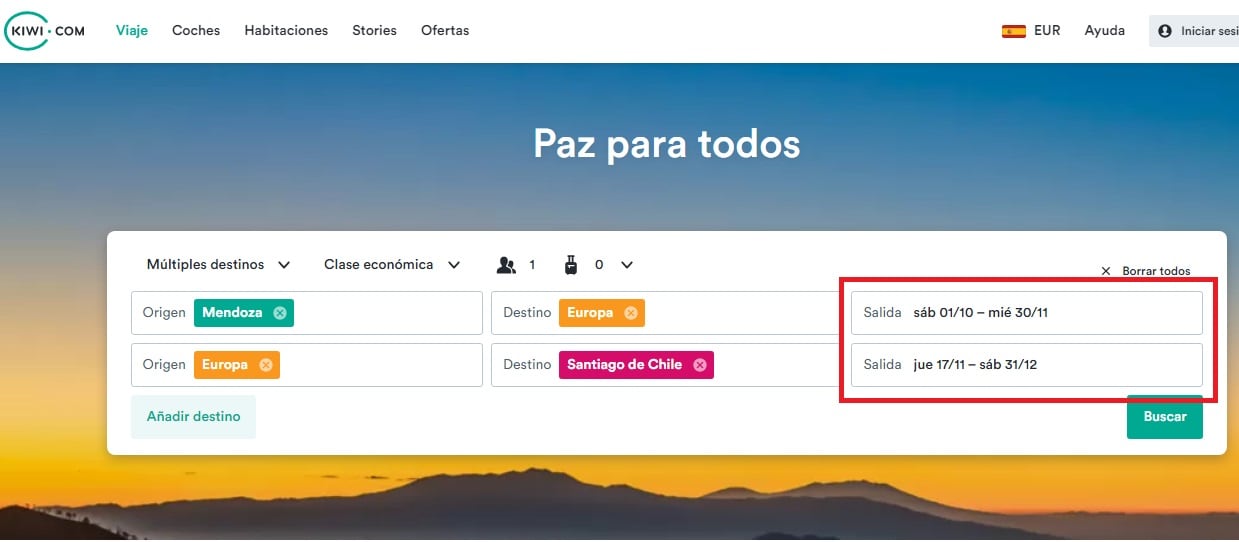 Kiwi da la opción de encontrar vuelos múltiples destinos con un rango de fechas amplia y con destino incierto