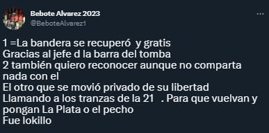 Bebote Álvarez confirmó que la barra del Tomba devolvió la bandera del Rojo