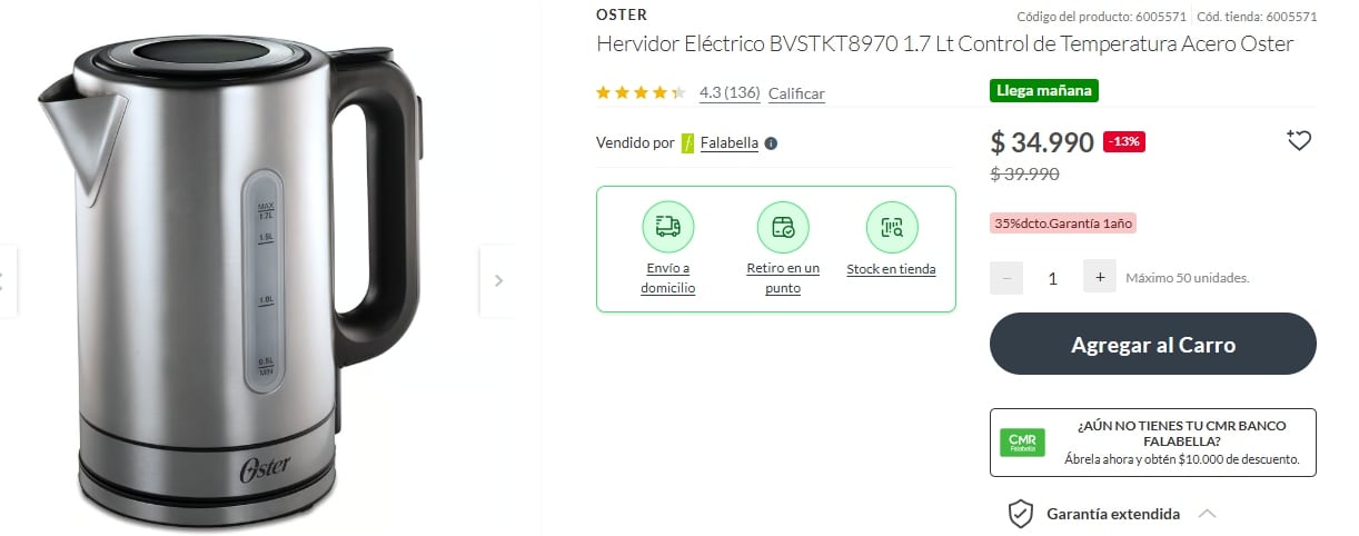 La tienda de Falabella ofrece un hervidor Eléctrico Oster de 1.7lt a un precio promocional de $34.990 chilenos, gracias a un descuento del 13%.