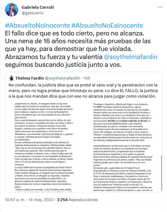 La portavoz del Gobierno habló sobre la determinación de la Justicia de Brasil sobre el abuso de Juan Darthés contra Thelma Fardín.