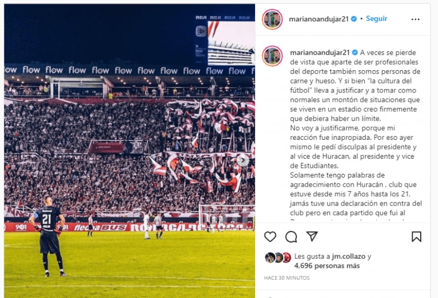 El descargo de Mariano Andújar en sus redes sociales. / Gentileza.