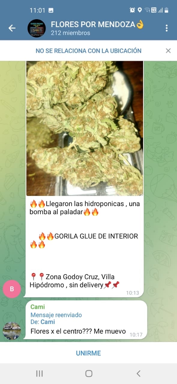 Captura de pantalla de un ofrecimiento de marihuama a través de Telegram.