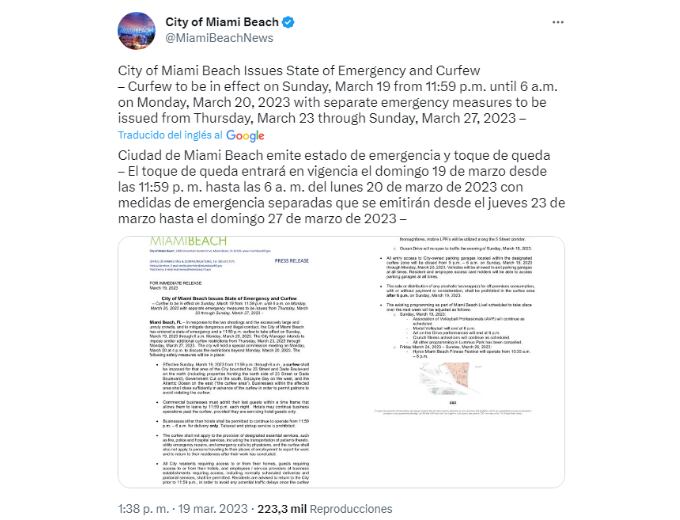 Comunicado de las autoridades de la ciudad de Miami Beach. Foto: Captura Twitter.