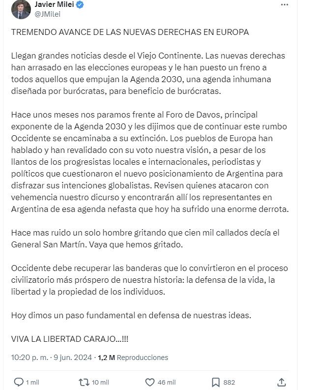 Milei celebró el avance de la derecha en Europa (X)