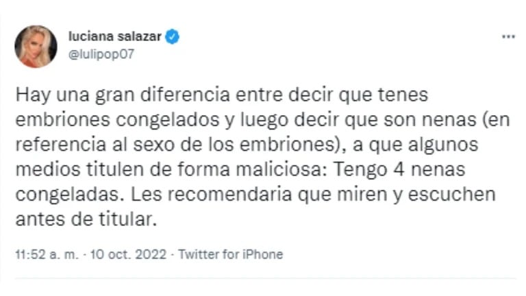 Luciana Salazar salió a aclarar sus dichos.