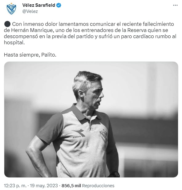 Comunicado de Vélez Sarsfield en el que lamentan el fallecimiento Hernán "Palito" Manrique. de Foto: Vélez Sarsfield / Twitter