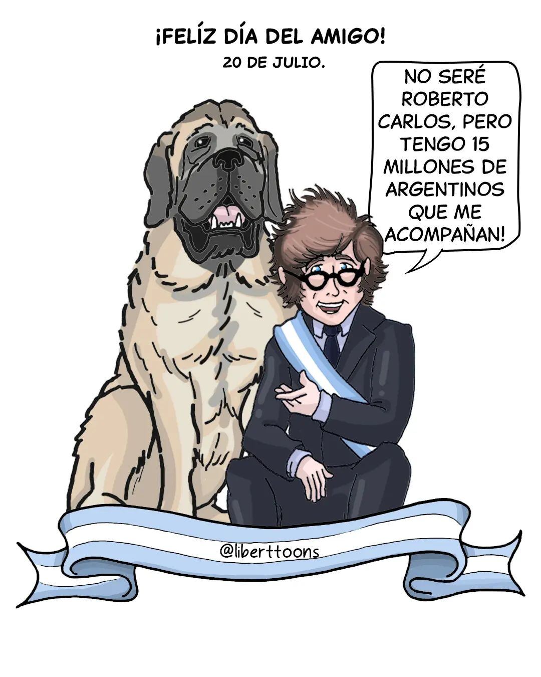 La caricatura de Javier Milei y su mascota. Foto: LibertToons.