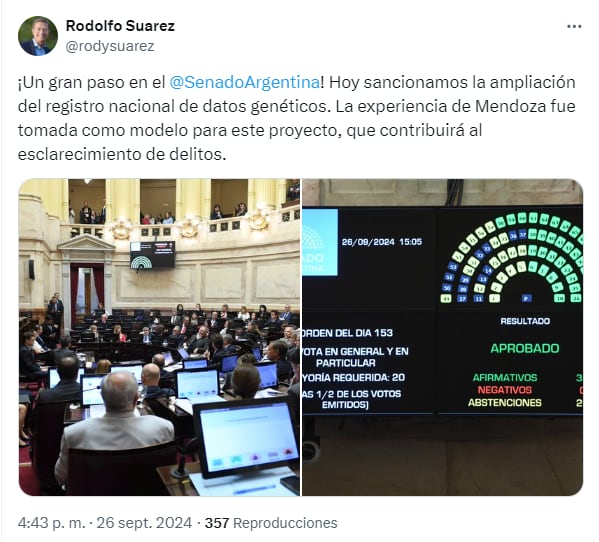 Rodolfo Suárez, ex gobernador mendocino, celebró la sanción. Foto: X @rodysuarez