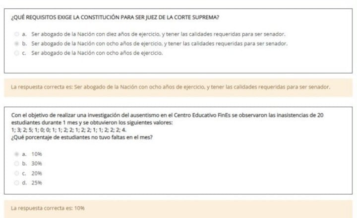 Algunas preguntas del simulacro del examen. Foto: Gentileza Clarín.