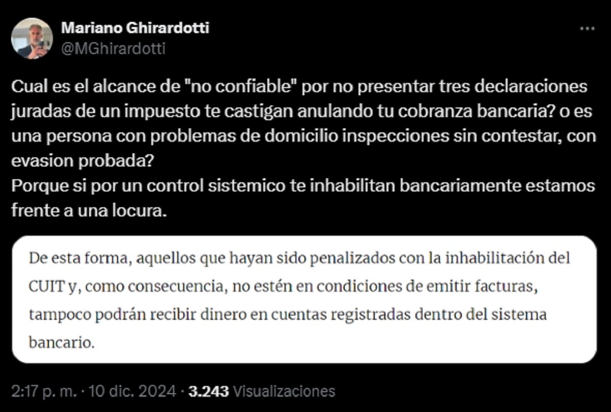 El contador Mariano Ghirardotti, se cuestionó en la misma red social: “Cuál es el alcance de ‘no confiable’ (Foto: Twitter Mariano Ghirardotti)