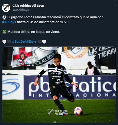 El comunicado de All Boys sobre la situación de Tomás Mantia