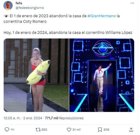 Williams y Coti Romero abandonaron la casa de Gran Hermano el mismo día.