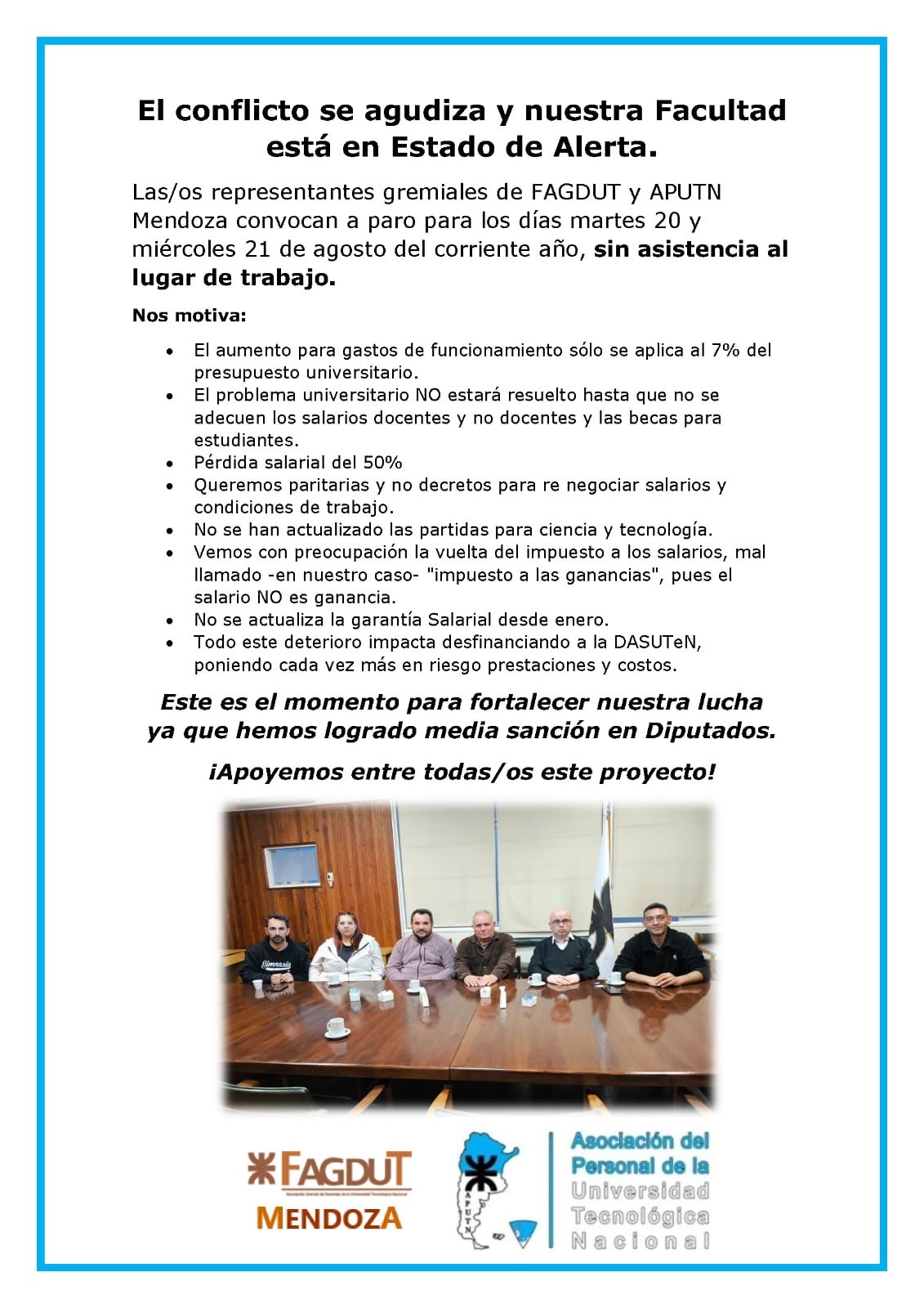 Flyer con los motivos del paro en la UTN Mendoza.