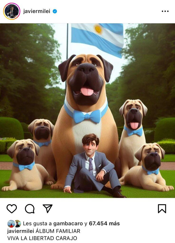 Javier Milei reapareció en Instagram y posteó una foto creada con Inteligencia Artificial. Gentileza: X @somoscorta.