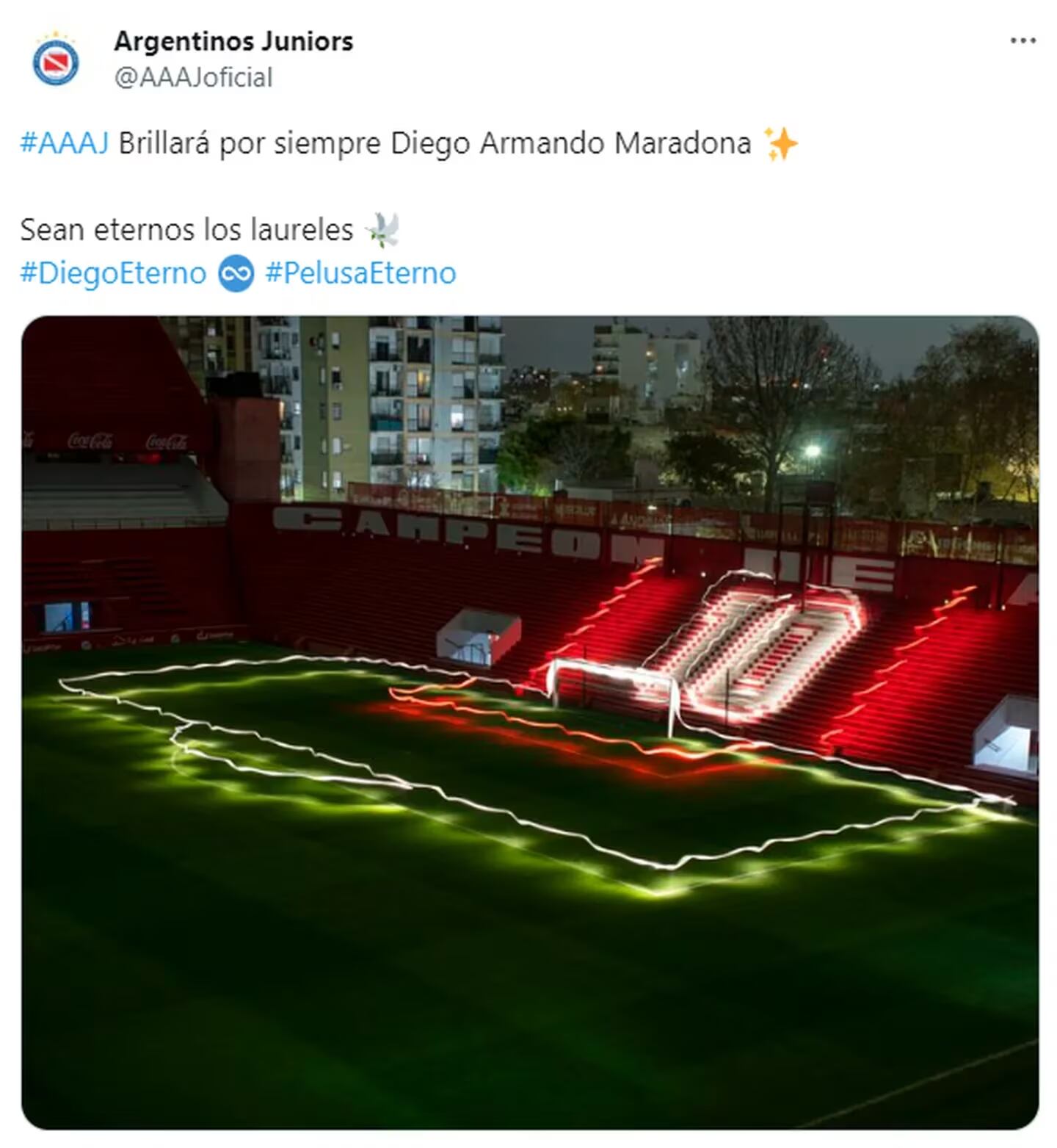 La publicación de Argentinos Juniors para Maradona. Foto: Captura.