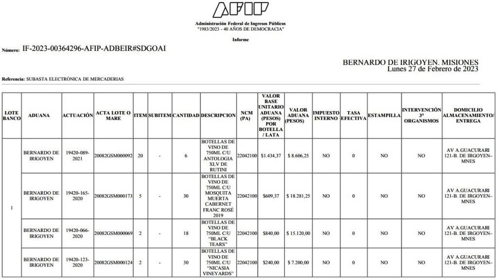 Los vinos que están en Bernardo de Irigoyen e integrarán la subasta el 16 de marzo.