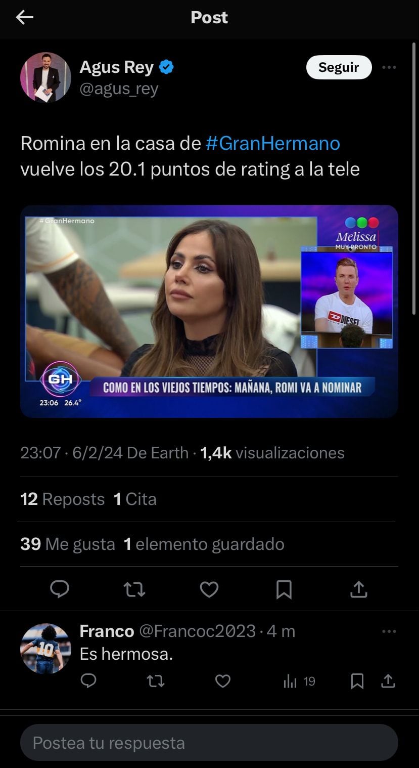 El rating de Gran Hermano con el ingreso de Romina Uhrig. Captura de pantalla.