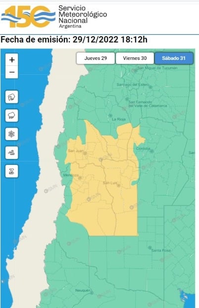 Las zonas que están afectadas por la alerta amarilla para el viernes 31. Foto: Servicio Meteorológico Nacional