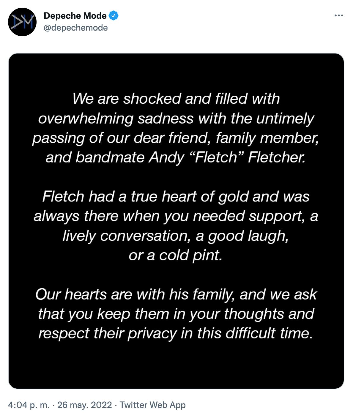 Depeche Mode dio la triste noticia de la muerte de Andy “Fletch” Fletcher a través de sus redes sociales.