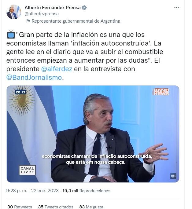 Alberto Fernández dijo que Argentina tiene “inflación autoconstruida”: “Está en la cabeza de la gente”