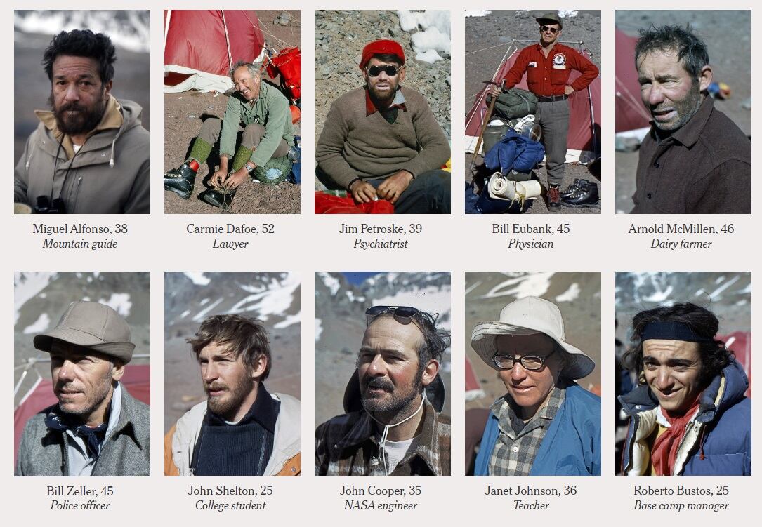 Los integrantes de la expedición al cerro Aconcagua en 1973 (The New York Times)