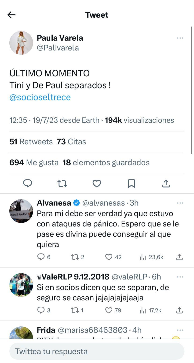 Paula Varela asegura que Tini Stoessel y Rodrigo de Paul están separados.