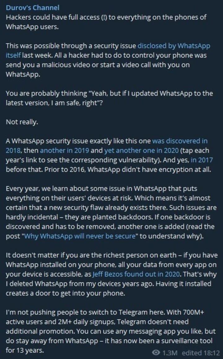 El mensaje de Durov en Telegram. Foto: Telegram