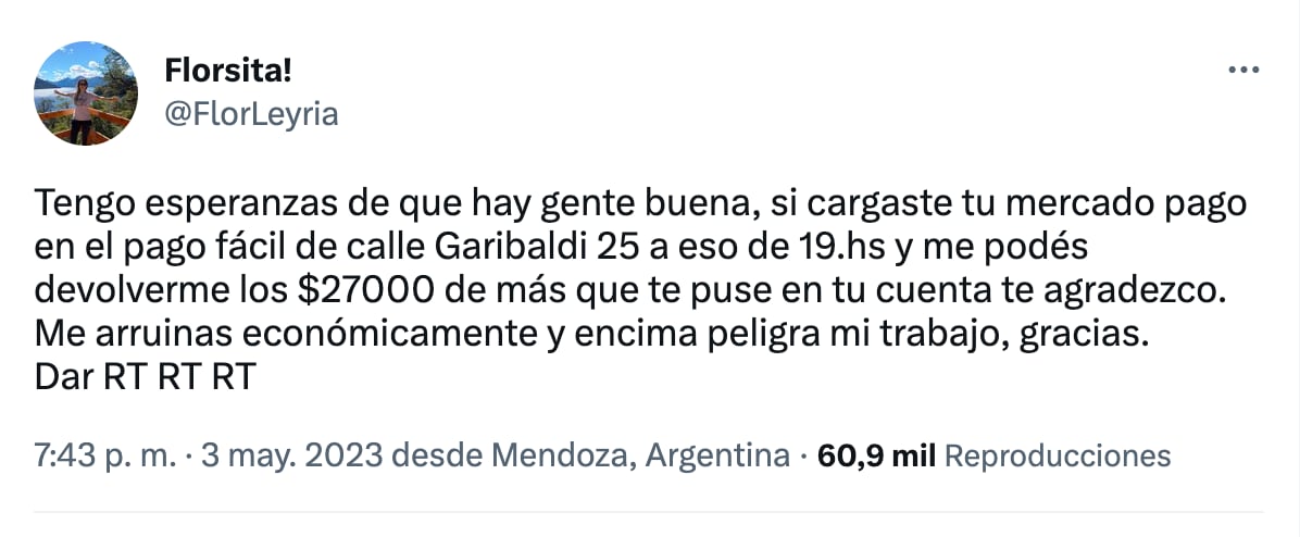 Una mendocina depositó por error $27.000 y pide ayuda para encontrar al destinatario para que se lo devuelva. Foto: Twitter