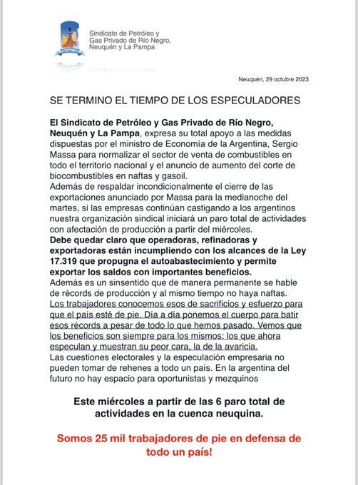 El comunicado de la Confederación Argentina de Trabajadores y Empleados de Hidrocarburos Energía Combustibles Derivados y Afines. Foto X / @CATHEDAINFORMES