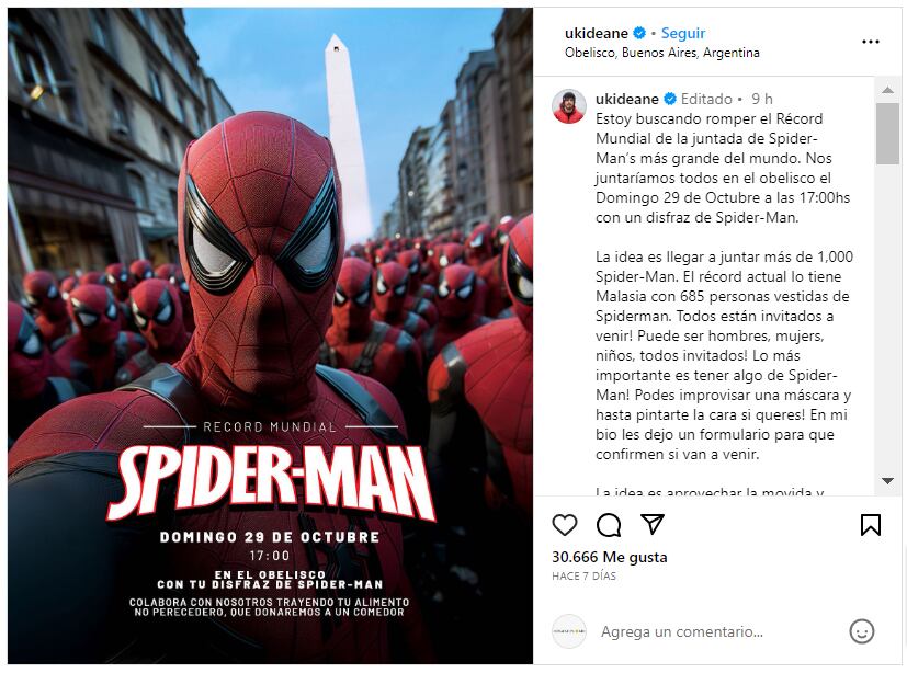 Un influencer convoca a la reunión más grande de hombres araña, en Buenos Aires.