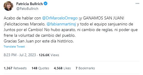 El mensaje de Patricia Bullrich hacia Marcelo Orrego a través de Twitter. Gentileza: Captura Twitter @PatoBullrich.