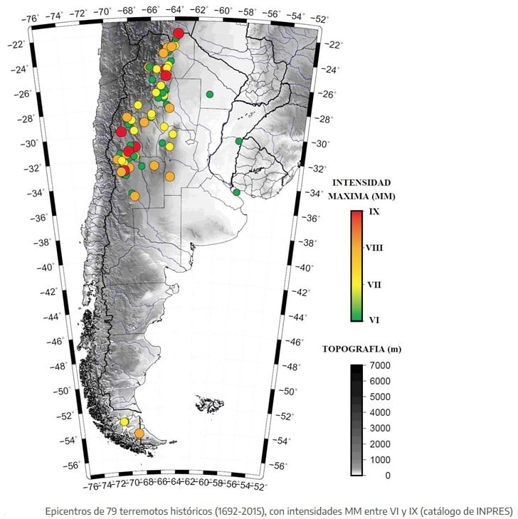 Epicentro de los terremotos destructivos en Argentina (1692 - 2015), mapa Inpres.