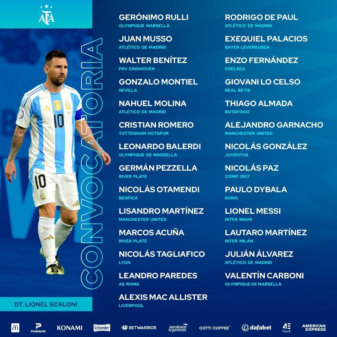 Selección Argentina. La lista de convocados de Lionel Scaloni para las fechas contra Venezuela y Bolivia en las Eliminatorias. / AFA