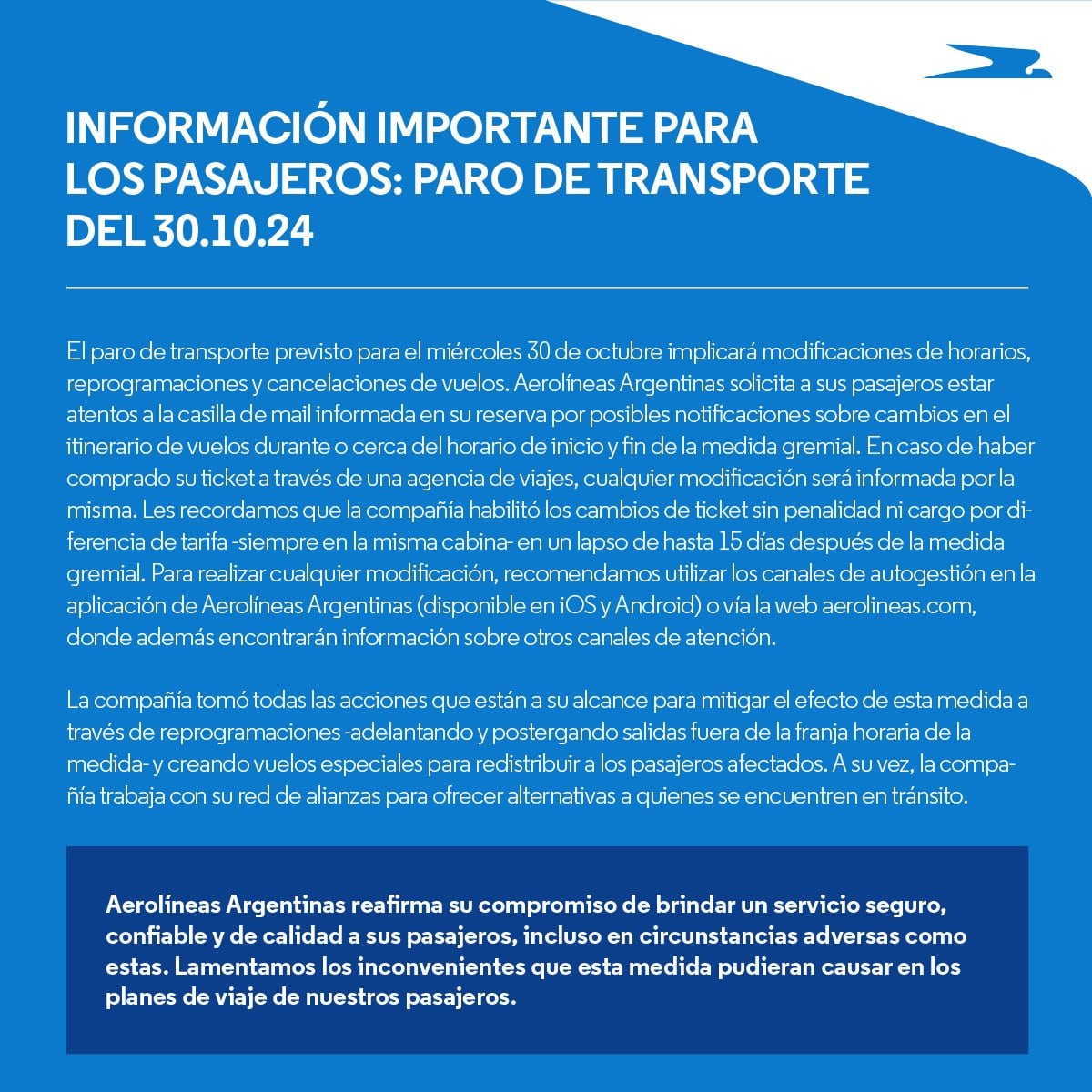 El comunicado de Aerolíneas Argentinas sobre el paro de transporte de este 30 de octubre.