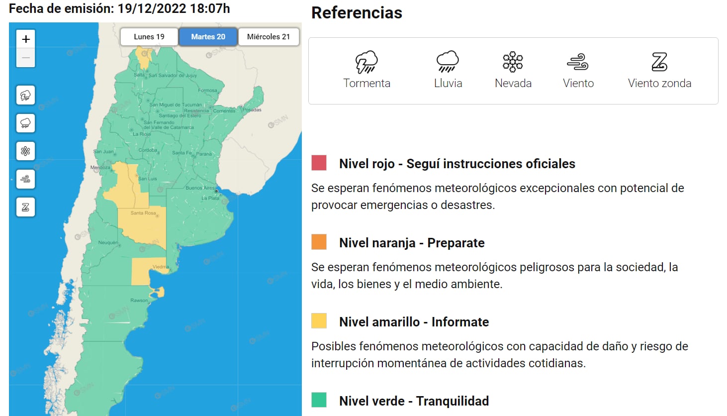 El SMN envió una alerta por la probabilidad de tormentas para la jornada del martes 20. Foto: Servicio Meteorológico Nacional