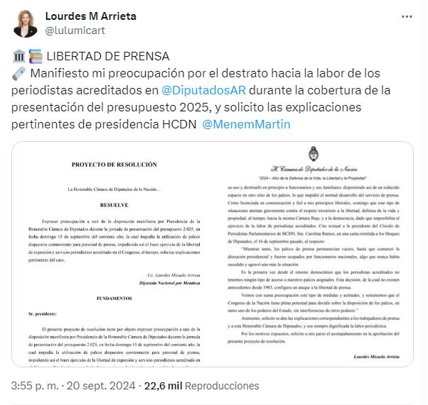 Arrieta pide explicaciones a la Cámara de Diputados por haberle negado a la prensa el acceso a los balcones en el Congreso.