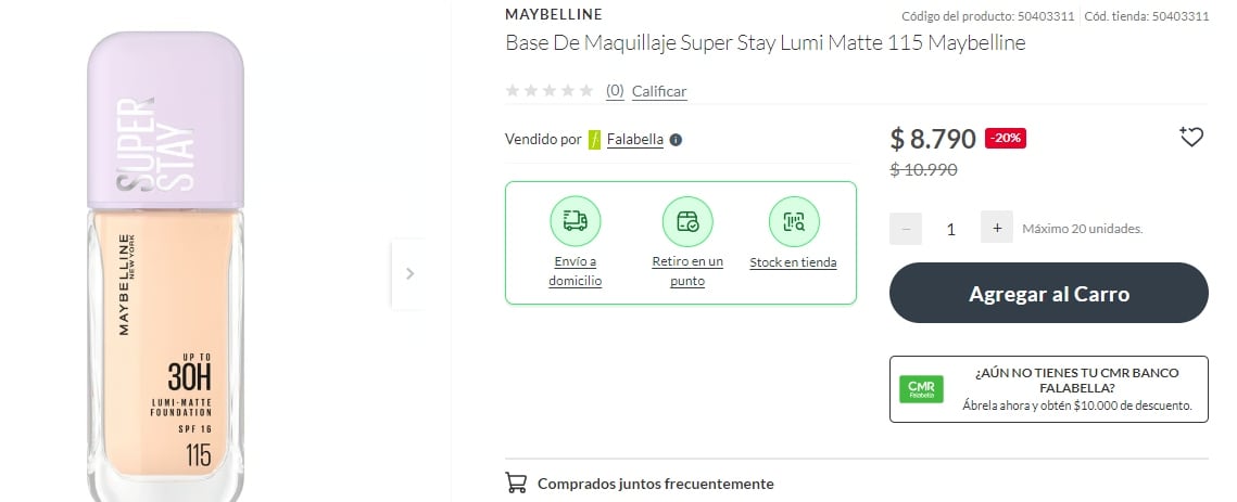 Una base Maybelline Super Stay Lumi Matte 115, se consigue en Falabella a $8.790 chilenos con un descuento del 20%. 