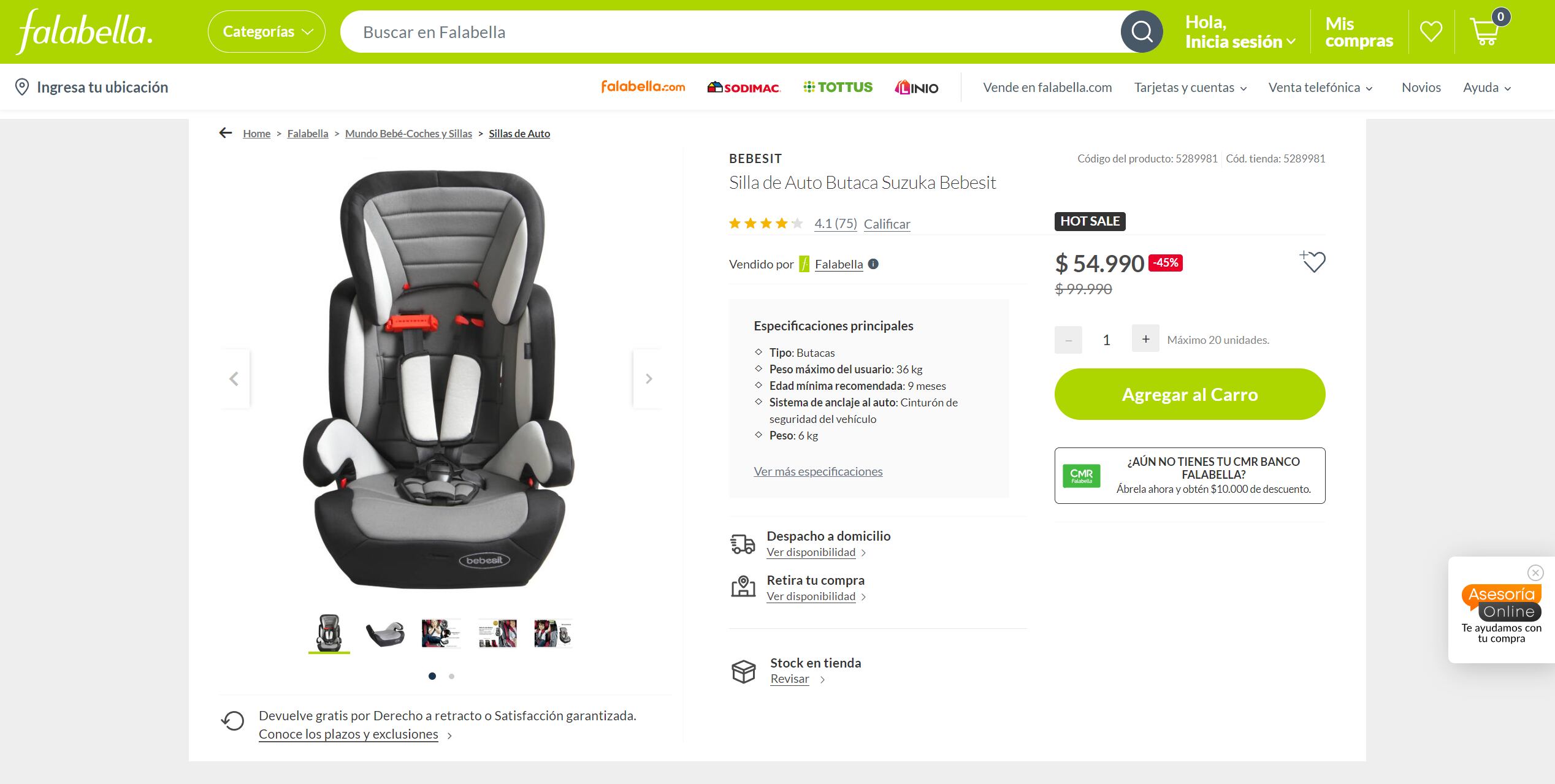 Silla de auto para niños, precio Chile.