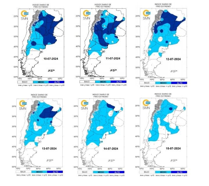 Evolución diaria del frío extremo en el país durante la ola de frío de julio 2024. El color azul indica que se cumplen las condiciones de ola de frío en un día en particular (Tmax y Tmin inferiores a los umbrales de ola de frío); el celeste indica que se cumple el criterio de frío extremo para algunas de las temperaturas (Tmax o Tmin inferior al umbral de ola de frío); en blanco no se cumple ninguno de los criterios anteriores.