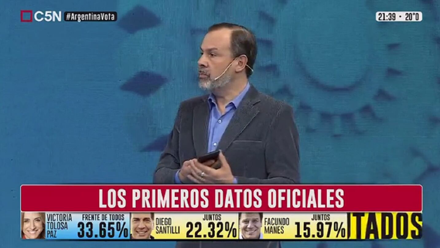 Gustavo Sylvestre en C5N al momento dar los resultados de las elecciones PASO - Captura 