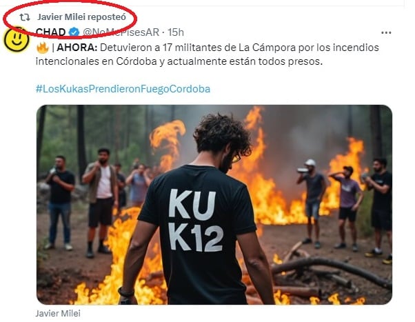 Milei difundió una fake news para atacar a La Cámpora