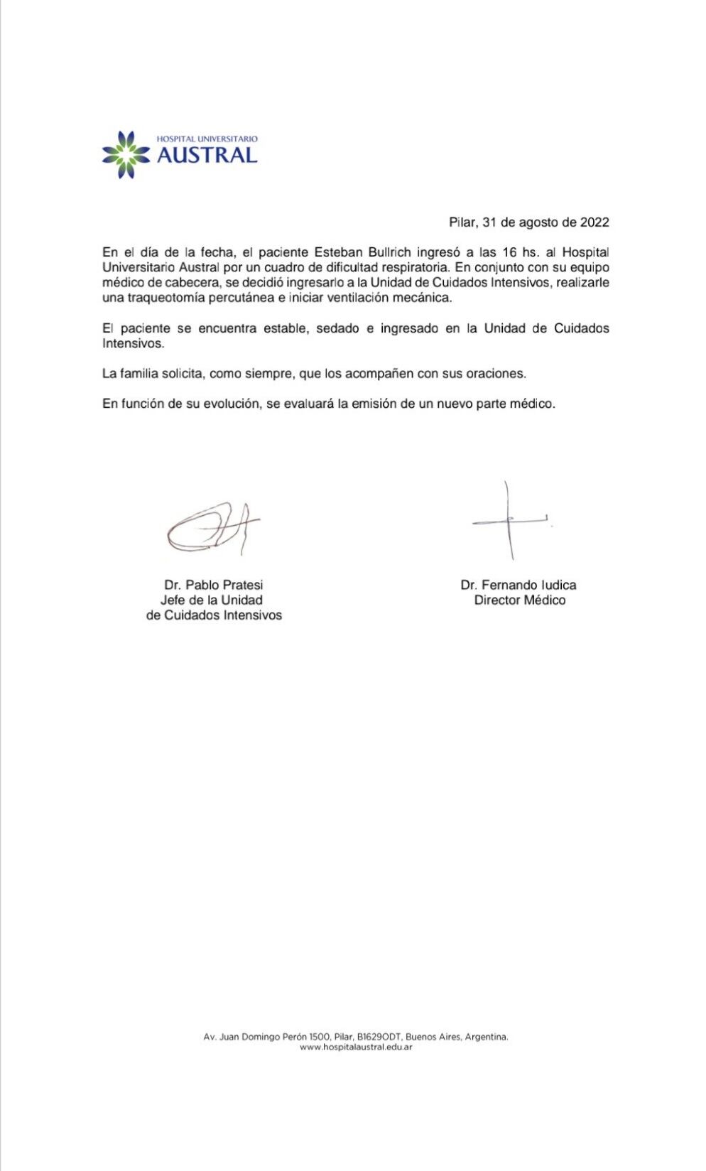 El parte médico de Esteban Bullrich.